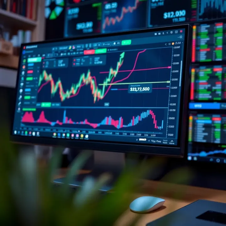 Forex Trading Platform with Market Analysis Tools Computer screen displaying forex trading platform with charts and market analysis tools