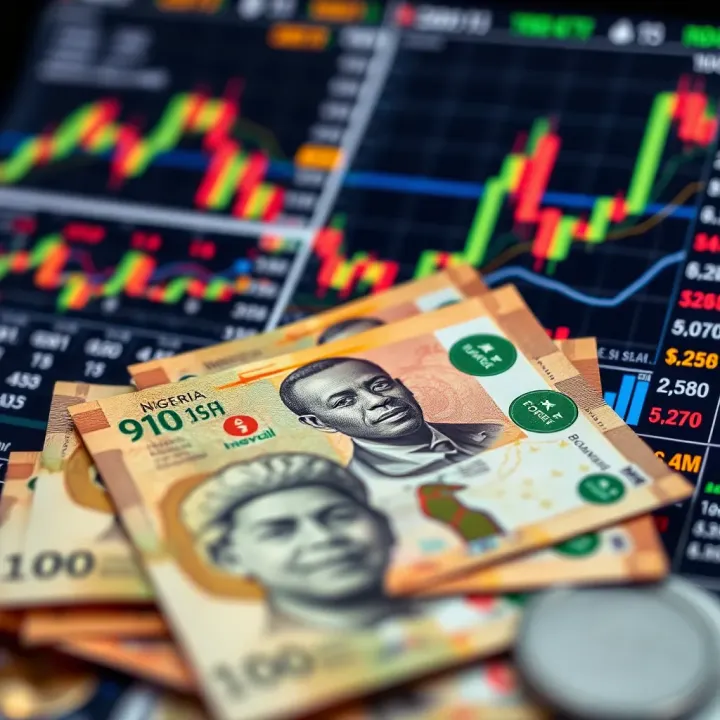 Illustration showing Nigerian Naira notes alongside forex trading market charts