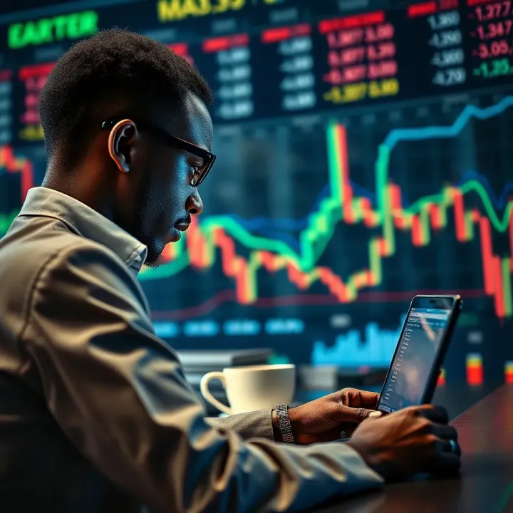 Illustration of a Nigerian investor analyzing forex charts with financial data and currency symbols
