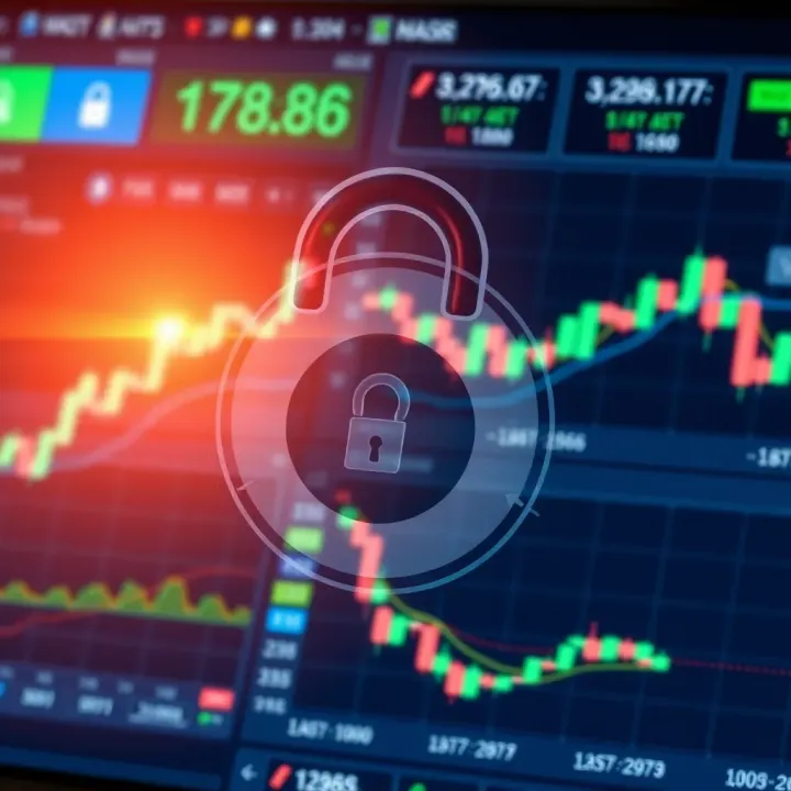 Secure digital lock symbol overlaid on a forex trading dashboard emphasizing platform safety and regulation