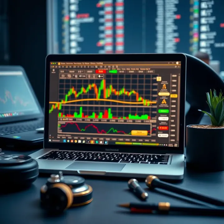 Set of tools including a laptop displaying a forex market chart and financial data analytics