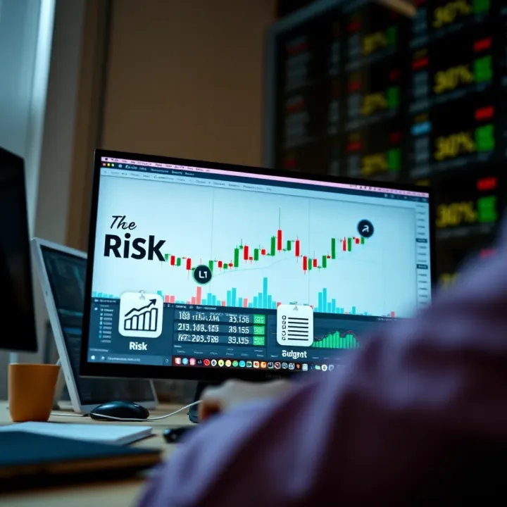 Graphic depicting a computer screen with a forex trading platform alongside icons representing risk management and financial budgeting
