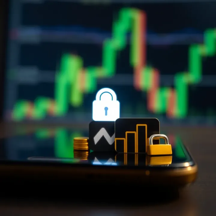 Illustration of a smartphone with a secure download symbol and forex trading icons
