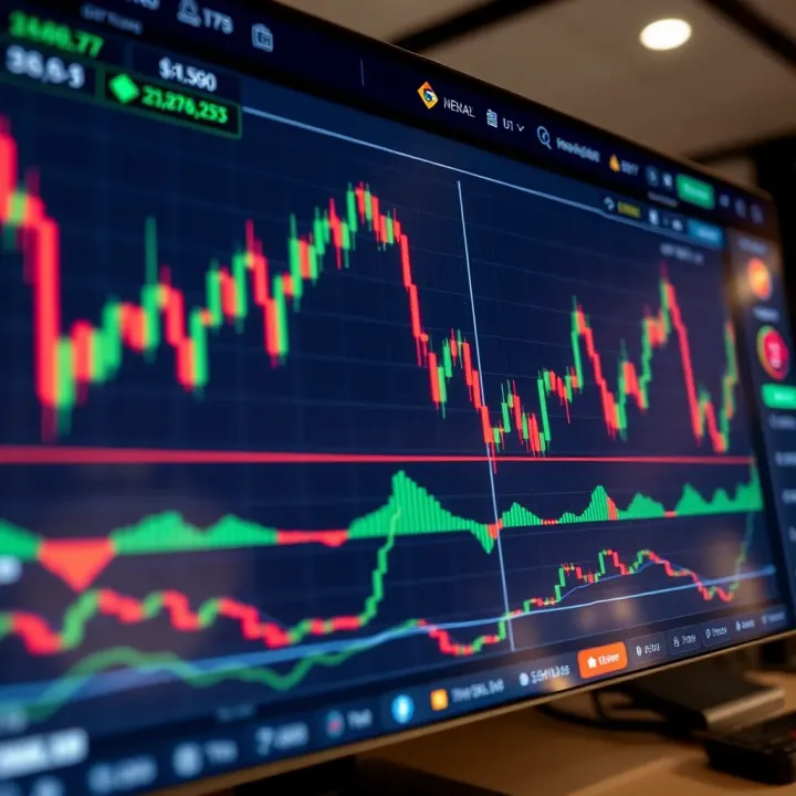 A detailed chart showing cryptocurrency price trends with various indicators on a digital screen