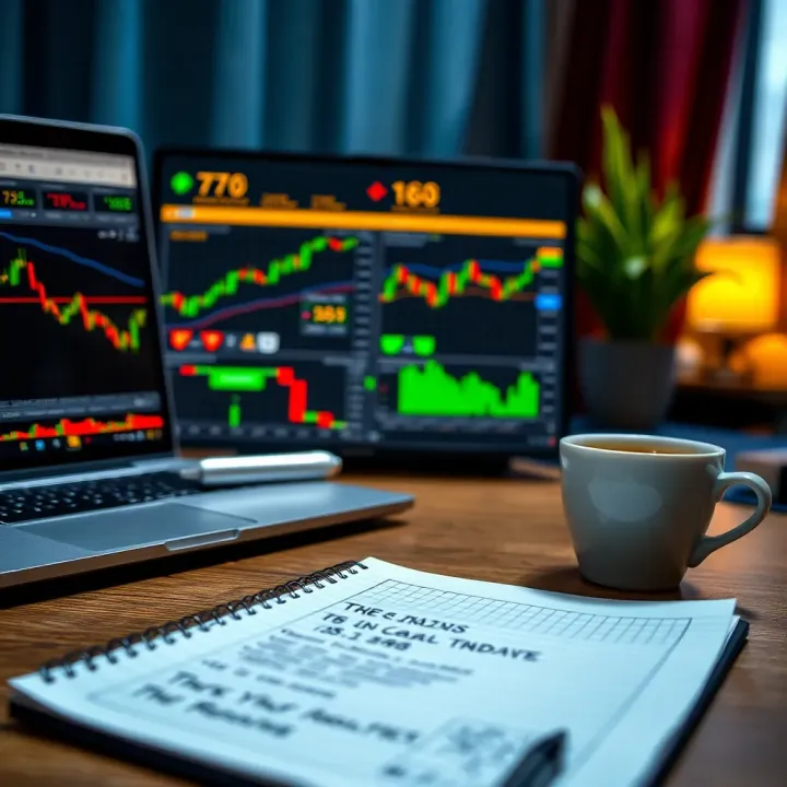 A desk setup featuring a laptop, notepad with trading notes, and a cup of coffee indicating a learning environment