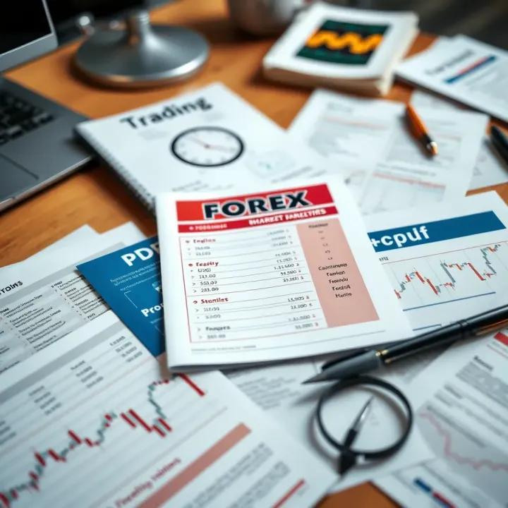 Collection of printed PDF guides and notes spread on a desk highlighting forex trading concepts