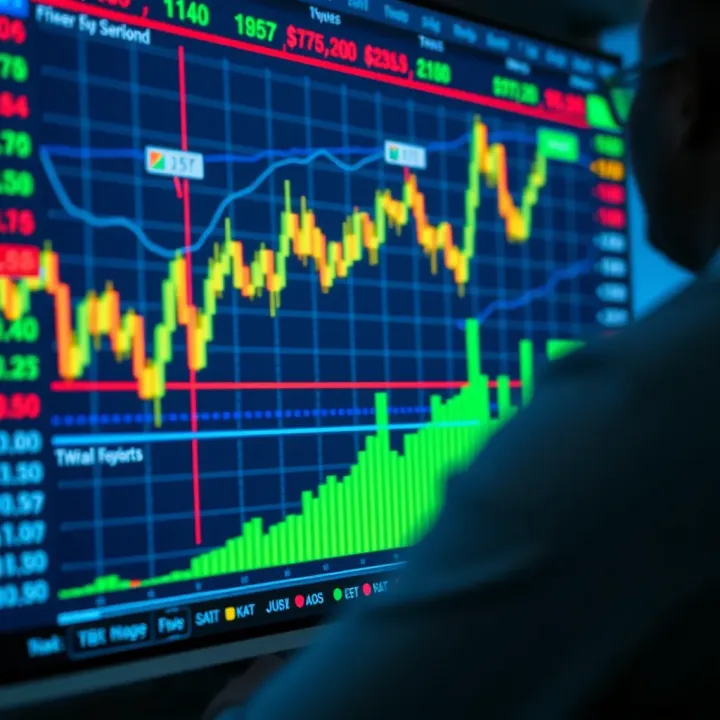 Digital chart displaying fluctuating prices and upward trend in financial market