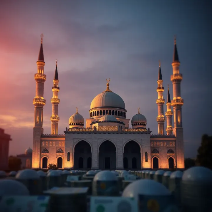 Conceptual illustration representing Islamic finance principles with currency symbols and a mosque
