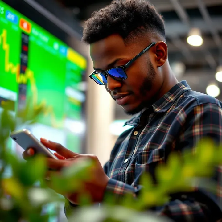 Person using a smartphone to review trading statistics and investment options in Nigeria