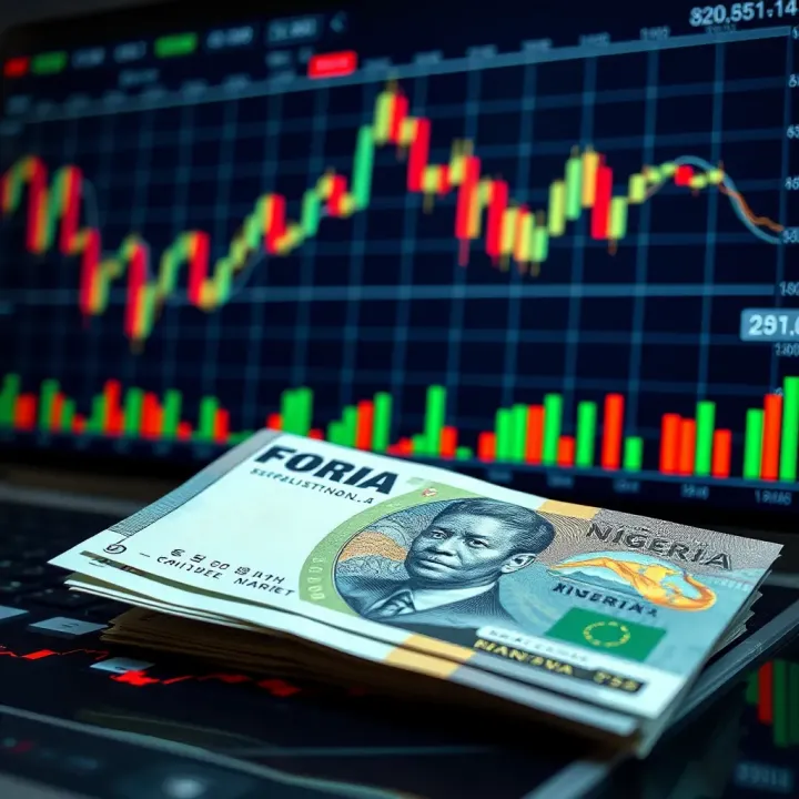 Illustration of Nigerian naira currency notes alongside digital trading graphs