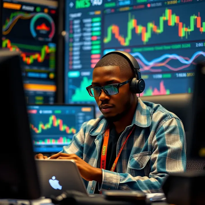 Visual representation of a Nigerian trader using multiple digital tools and platforms for crypto trading analysis