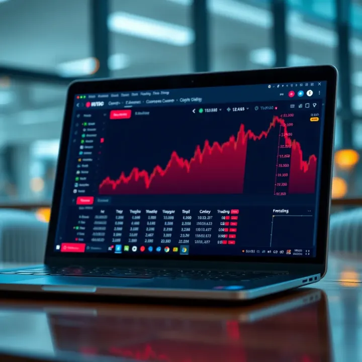 Visual representation of online learning with a laptop displaying course content on cryptocurrency trading