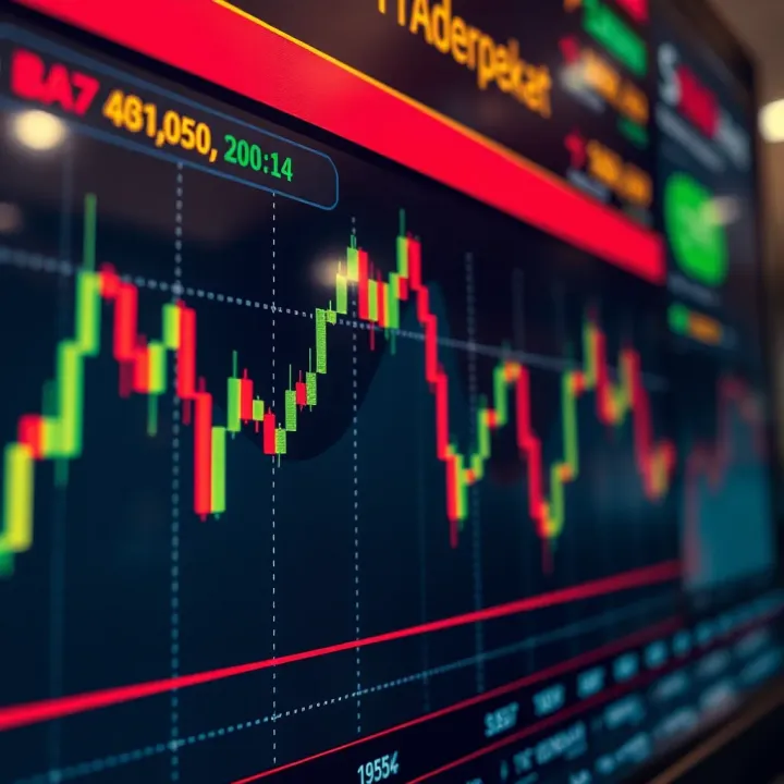 Diagram showing currency exchange rates with upward and downward trends on a digital chart