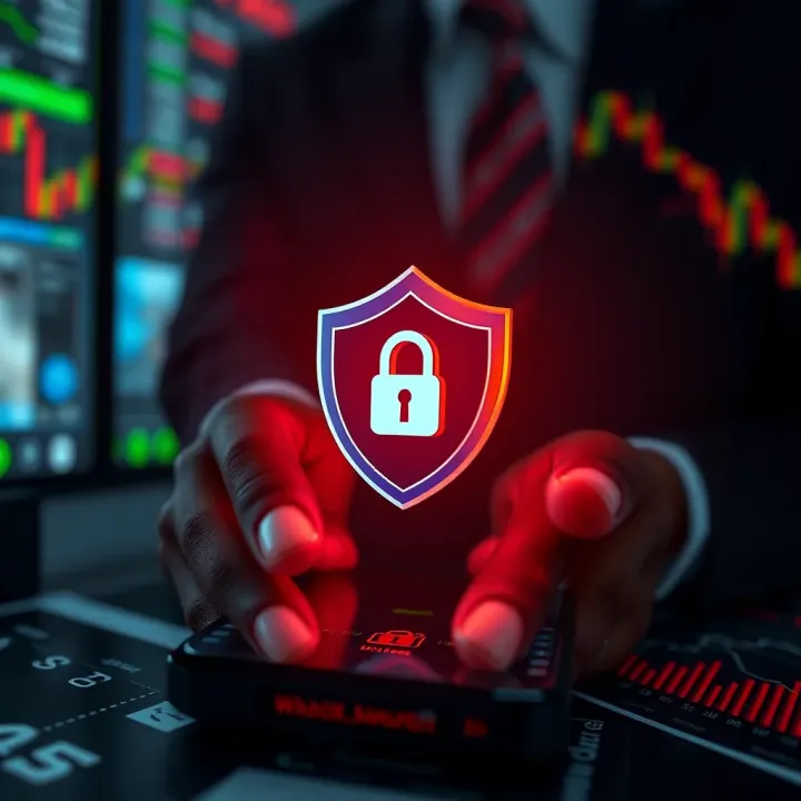 Secure mobile device protecting forex trading transactions with shield and lock icons