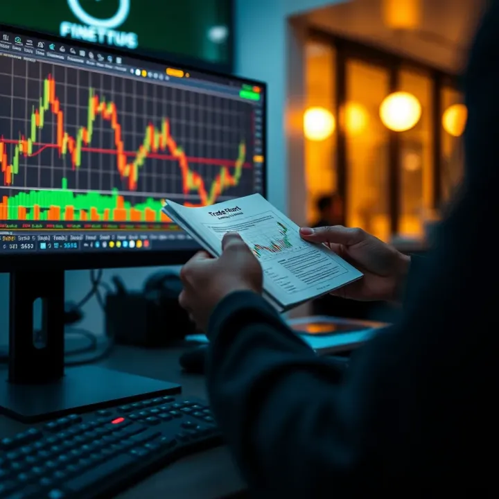 Illustration of a trader using a PDF guide on trade chart patterns alongside a forex trading screen