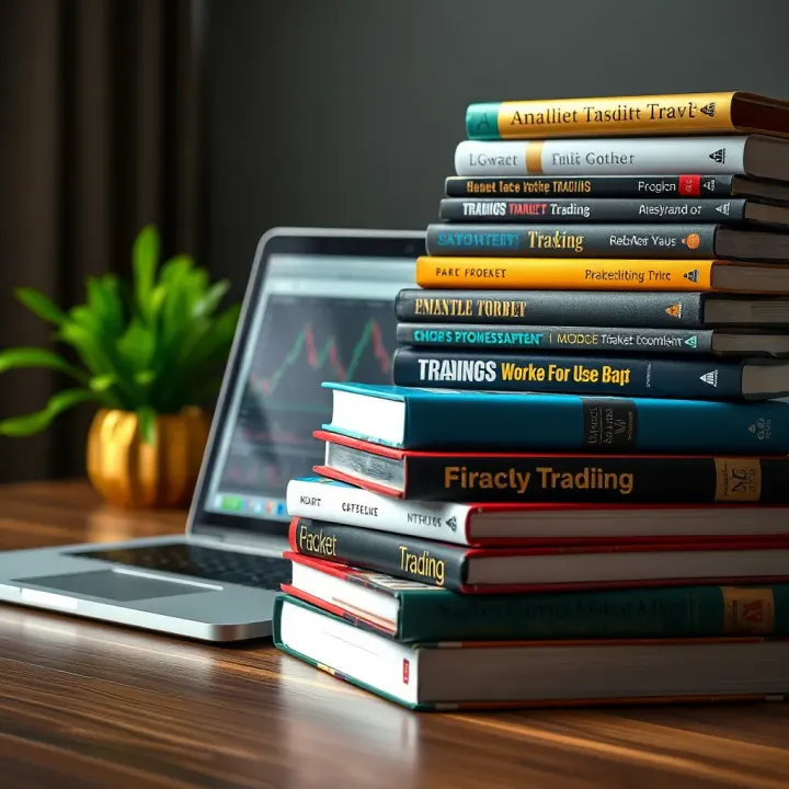 Collection of forex trading books stacked with a laptop showing currency market analysis