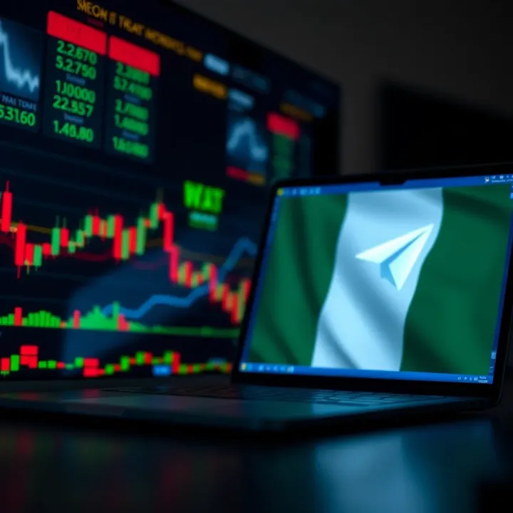 Conceptual illustration of secure online communication with forex market charts and Nigerian flag