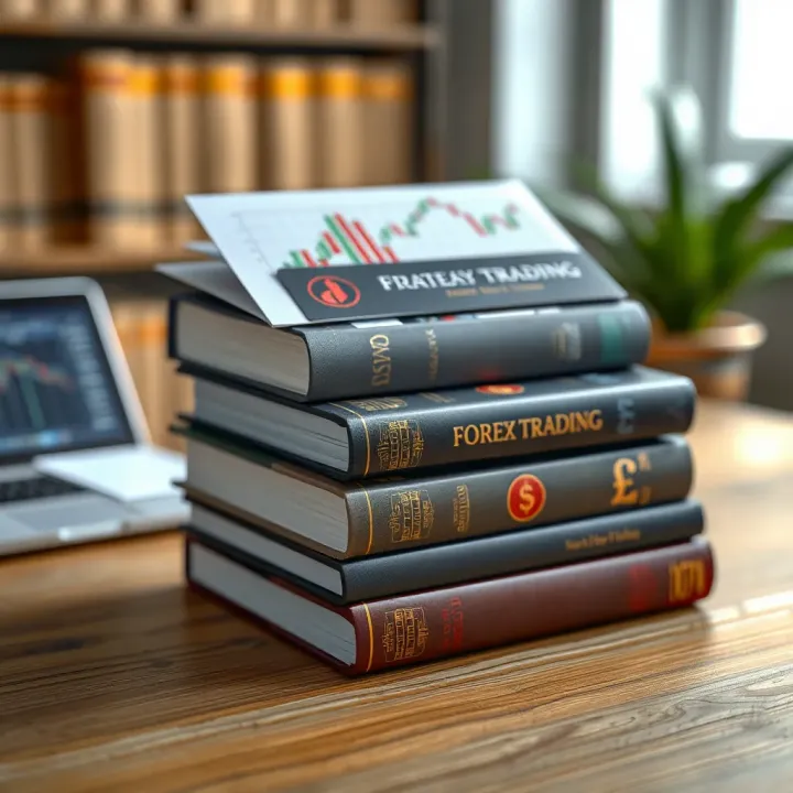 Stack of forex trading books with charts and currency symbols on cover