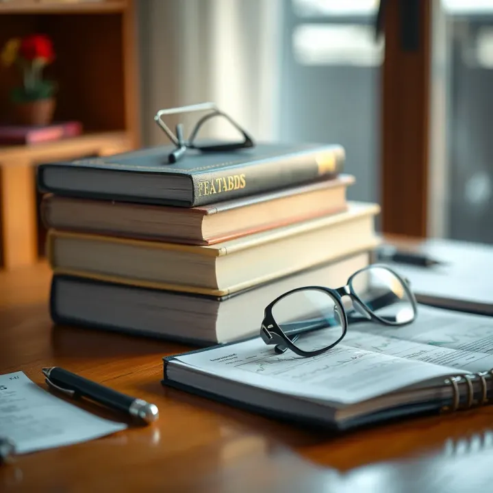 Stack of forex trading books with a pen and glasses on a wooden desk