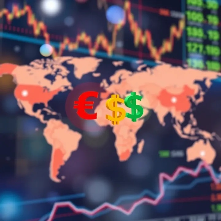 Illustration of major currency pairs with their symbols hovering over a world map
