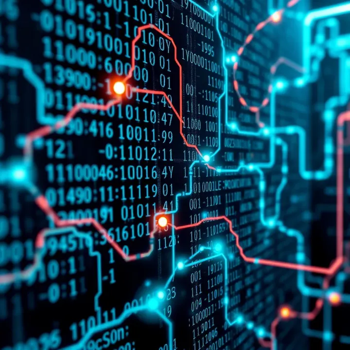 Visual representation of digital devices connected through binary code in a network