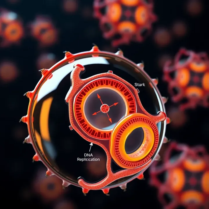 Diagram illustrating the stages of binary fission in a bacterial cell showing DNA replication and cell division
