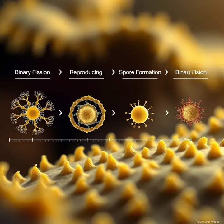 Illustration comparing binary fission in amoeba to other reproduction methods like budding and spore formation