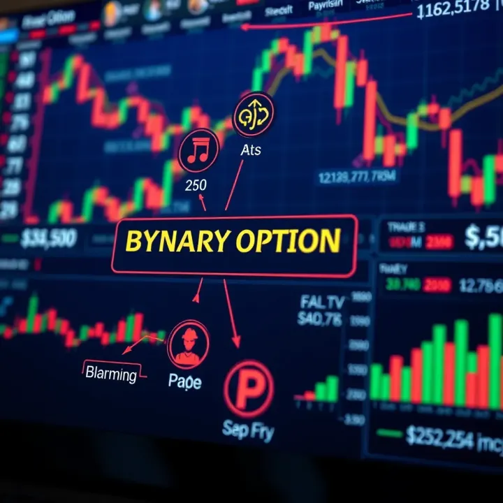 Diagram showing the basics of binary option trading with financial symbols and charts