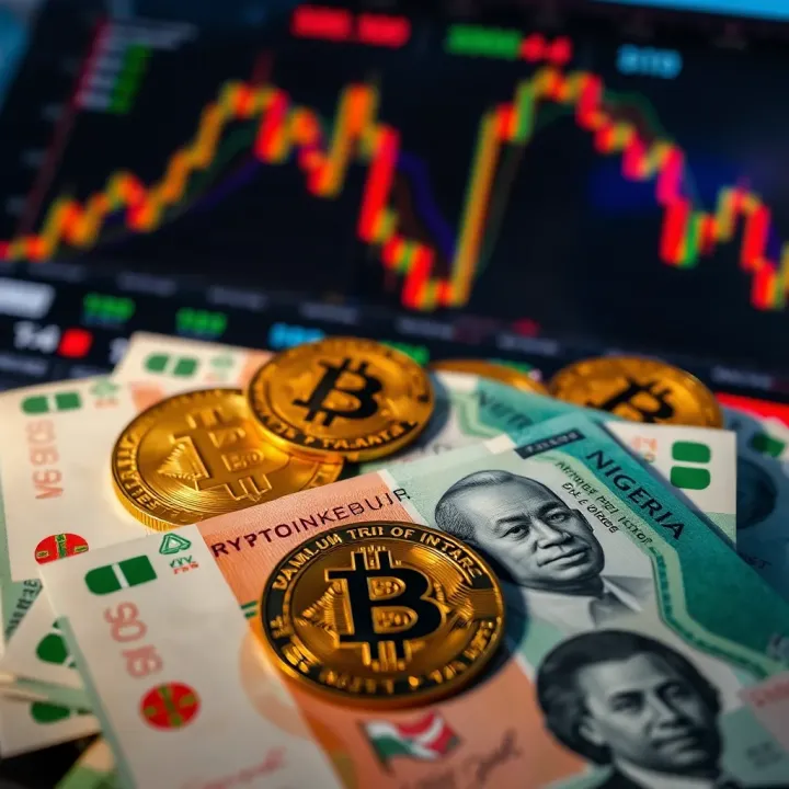 Digital currency symbols over Nigerian naira banknotes representing cryptocurrency trading in Nigeria