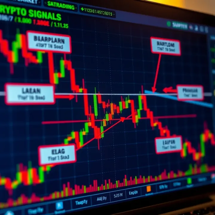 Diagram illustrating various crypto trading signals and their indicators on a digital chart