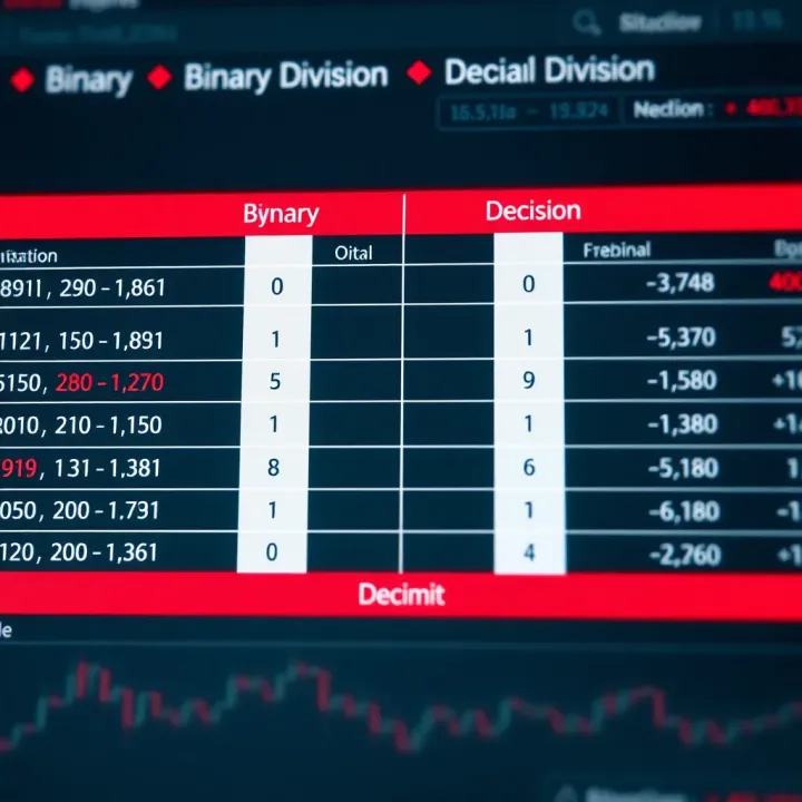 Comparison chart showing binary division compared to decimal division with example calculations