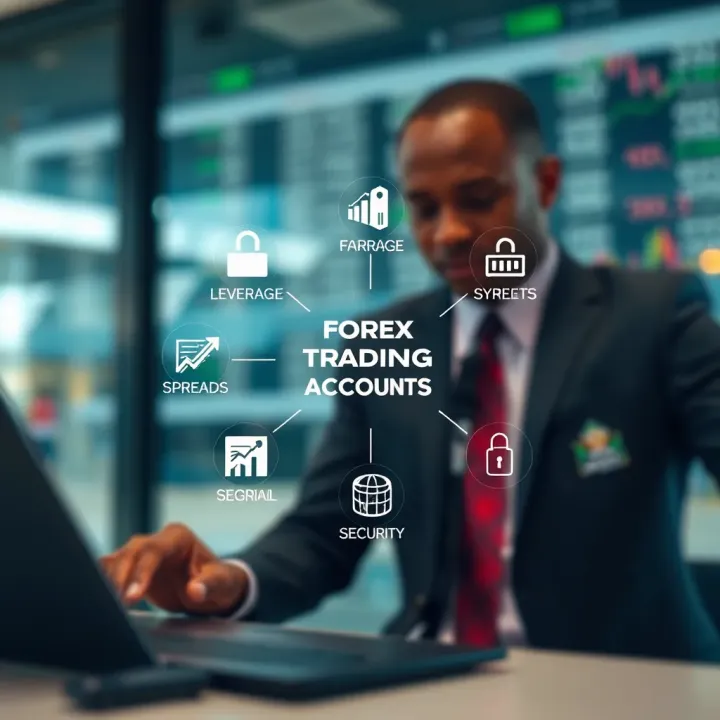 Conceptual diagram showing different types of forex trading accounts available to Nigerian traders with icons representing leverage, spreads, and security features