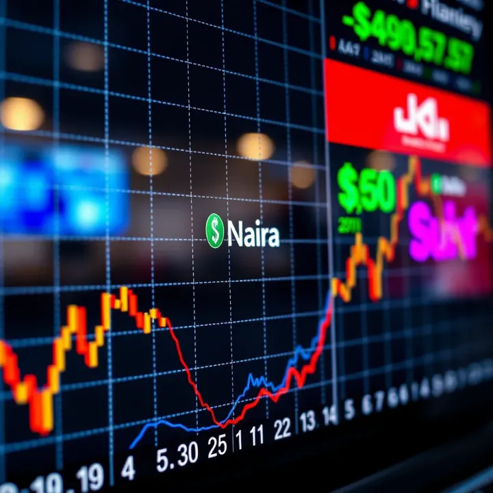 Graph showing currency exchange rate fluctuations with Nigerian Naira and US Dollar symbols