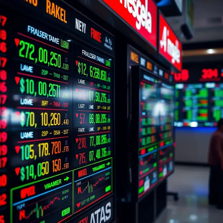 Global currency exchange rates displayed on digital screens representing forex market fluctuations