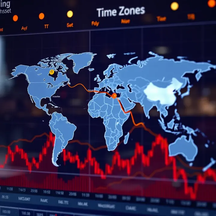 Global map highlighting major forex trading sessions with clock icons showing different time zones