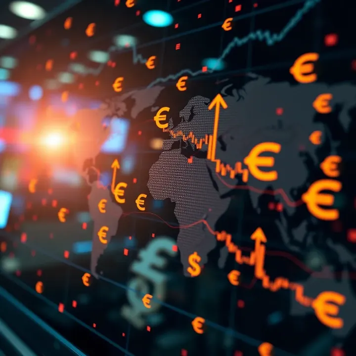 Global Forex Market Interactions and Currency Symbols Visual representation of forex market dynamics with currency symbols and global financial connections