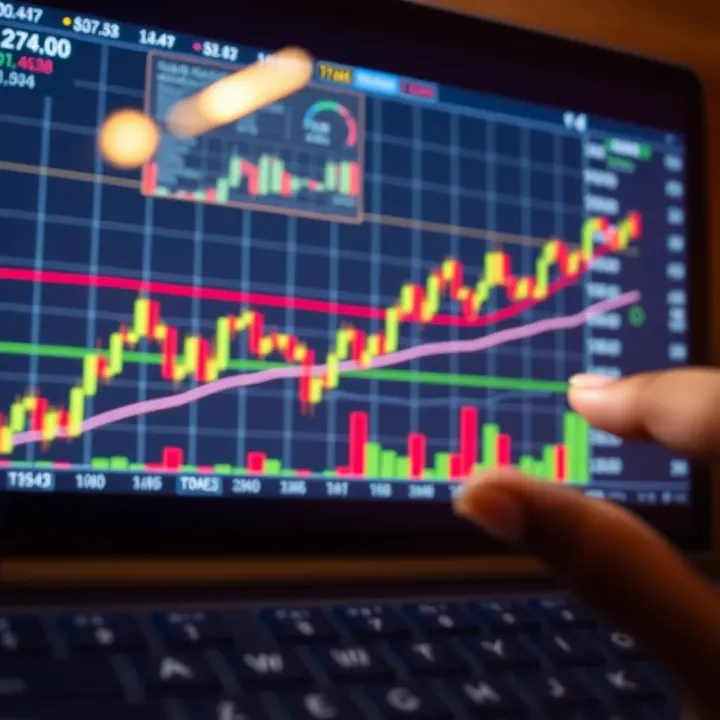 Graph showing forex currency pair fluctuations with indicators and trend lines