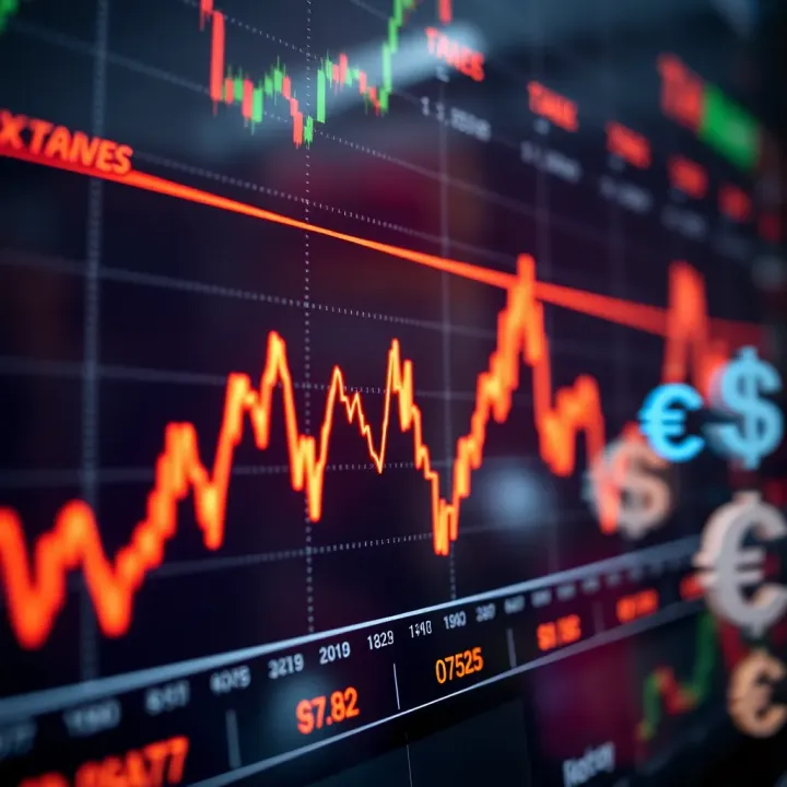 Graph depicting currency exchange rates fluctuating over time with digital trading symbols