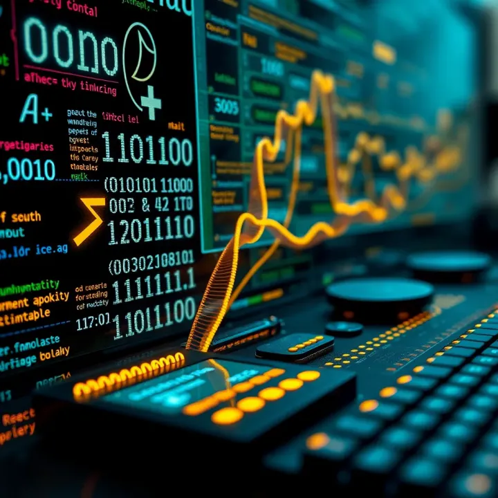 Applications of Binary Code in Computing and Mathematics Conceptual graphic showing binary code flowing into computing devices and mathematical symbols