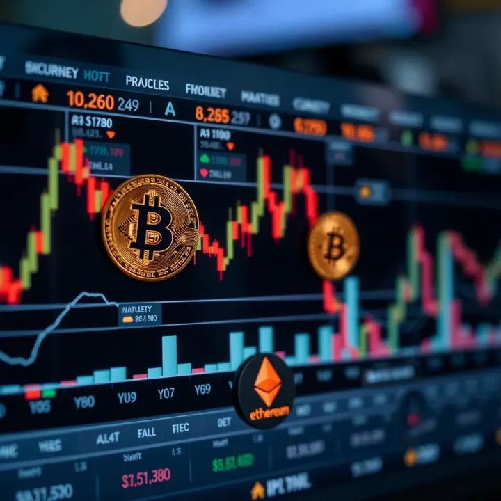 Graph showing fluctuating cryptocurrency prices with Bitcoin and Ethereum symbols
